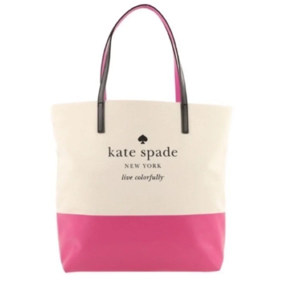 NEW Kate Spade BASIN VIEW Bon Shopper LOGO Tote Bag CANVAS Leather Purse Pink - Picture 2 of 11